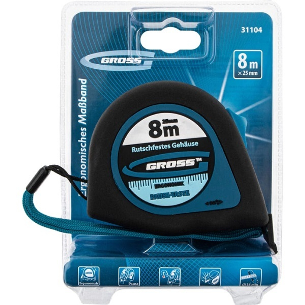 Рулетка GROSS Ergonomisch 8 м, 25 мм, магнитный обрезиненный зацеп 31104