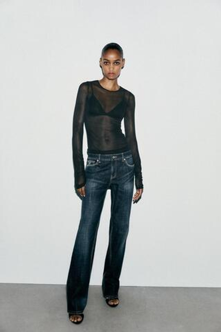 ZARA ПОЛУПРОЗРАЧНАЯ ФУТБОЛКА СО СБОРКАМИ, ЧЕРНЫЙ