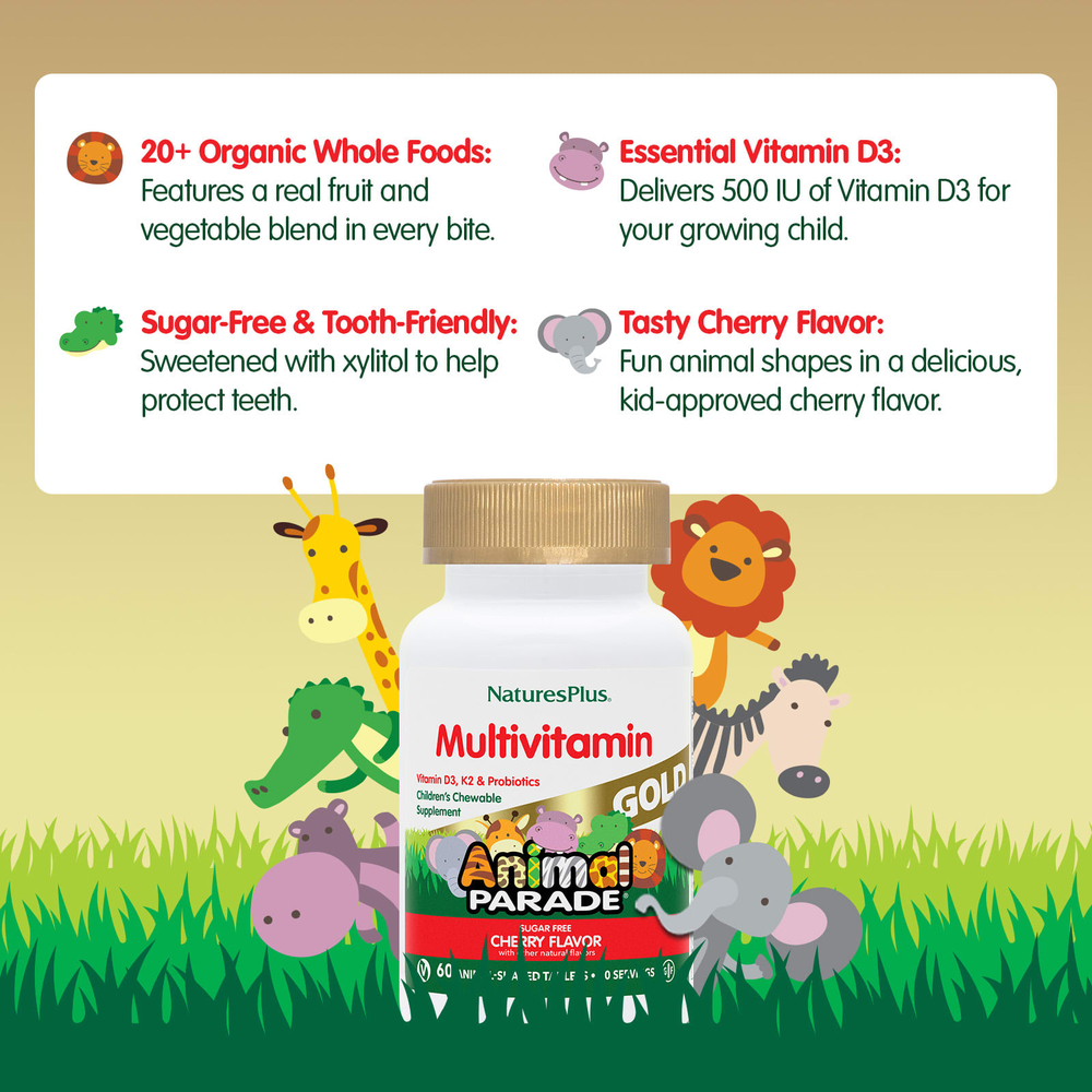 NaturesPlus, Animal Parade® Gold, жевательные мультивитамины для детей, со вкусом вишни, 60 таблеток в форме животных