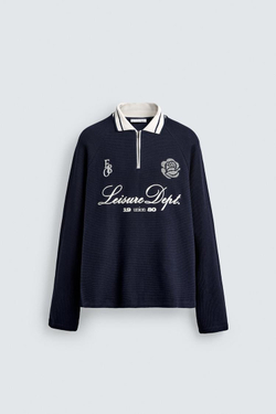 ZARA ПОЛО С КОНТРАСТНЫМ ПРИНТОМ, МОРСКОЙ СИНИЙ