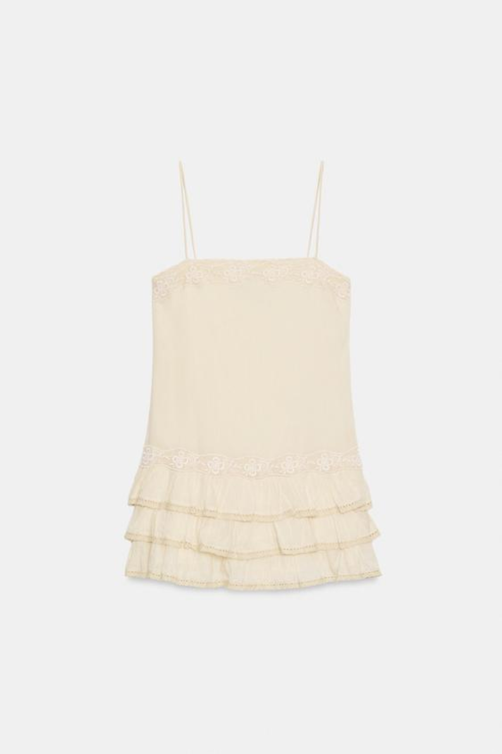 ZARA МИНИ-ПЛАТЬЕ С ВОЛАНАМИ И ВЫШИВКОЙ, СВЕТЛО-ЖЕЛТЫЙ