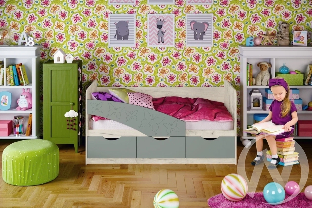 Кровать 1;8*0;8м Бабочки (дуб крафт белый/шарли бриз)