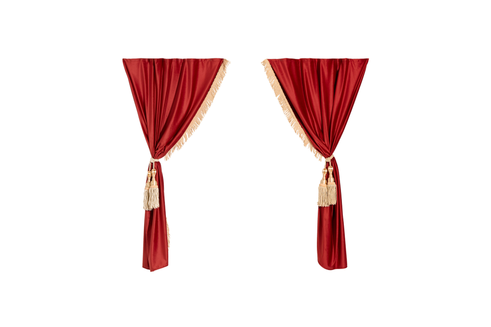 Шторы спального места с прихватами "Кисти" бежевые в кабину Volvo, Scania, MAN, DAF, Merc, Камаз, Sitrak, Shacman, Foton, FAW. Высота 1,5м, ширина одной стороны - 1,15м. Блэкаут, велюр. Красный цвет с бежевой бахромой и бежевыми кистями