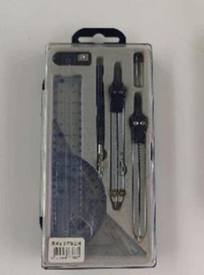 Готовальня 9 предметов: циркуль металл.+грифели, циркуль-измериитель, рейсфедер, точилка, 4 линейки,