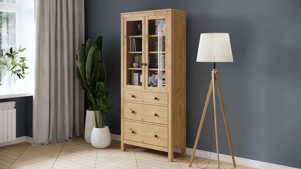 Шкаф-витрина 3 ящика - аналог IKEA HEMNES / ХЕМНЭС/ ХЕМНЕС / КЫМОР / ИКЕА 90х198х37 см, светло-коричневый