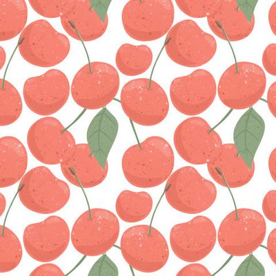 Спелые вишни или черешни. Сладкая вишневая ягода на ветке с листьями на белом фоне. Яркие вкусные ягоды. Ягодный паттерн.