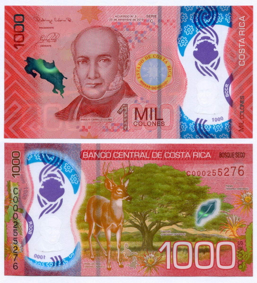 Банкнота Коста-Рика 1000 колон 2019 год C000255276. UNC (пластик)