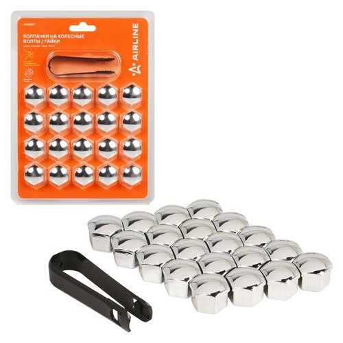 Колпачки на колесные болты/гайки 17 мм, хром, пластик, 20 шт.+ съемник (AIRLINE)