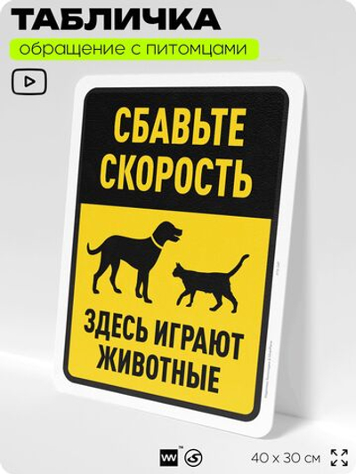 Табличка "Сбавьте скорость, здесь играют животные" на дверь и забор, для двора, дома, подъезда, 40х30 см, Silver Plane x Айдентика Технолоджи