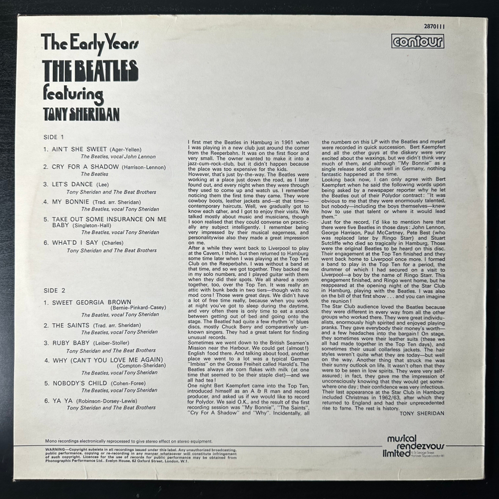 The Beatles Featuring Tony Sheridan - The Early Years (Англия 1971г.)