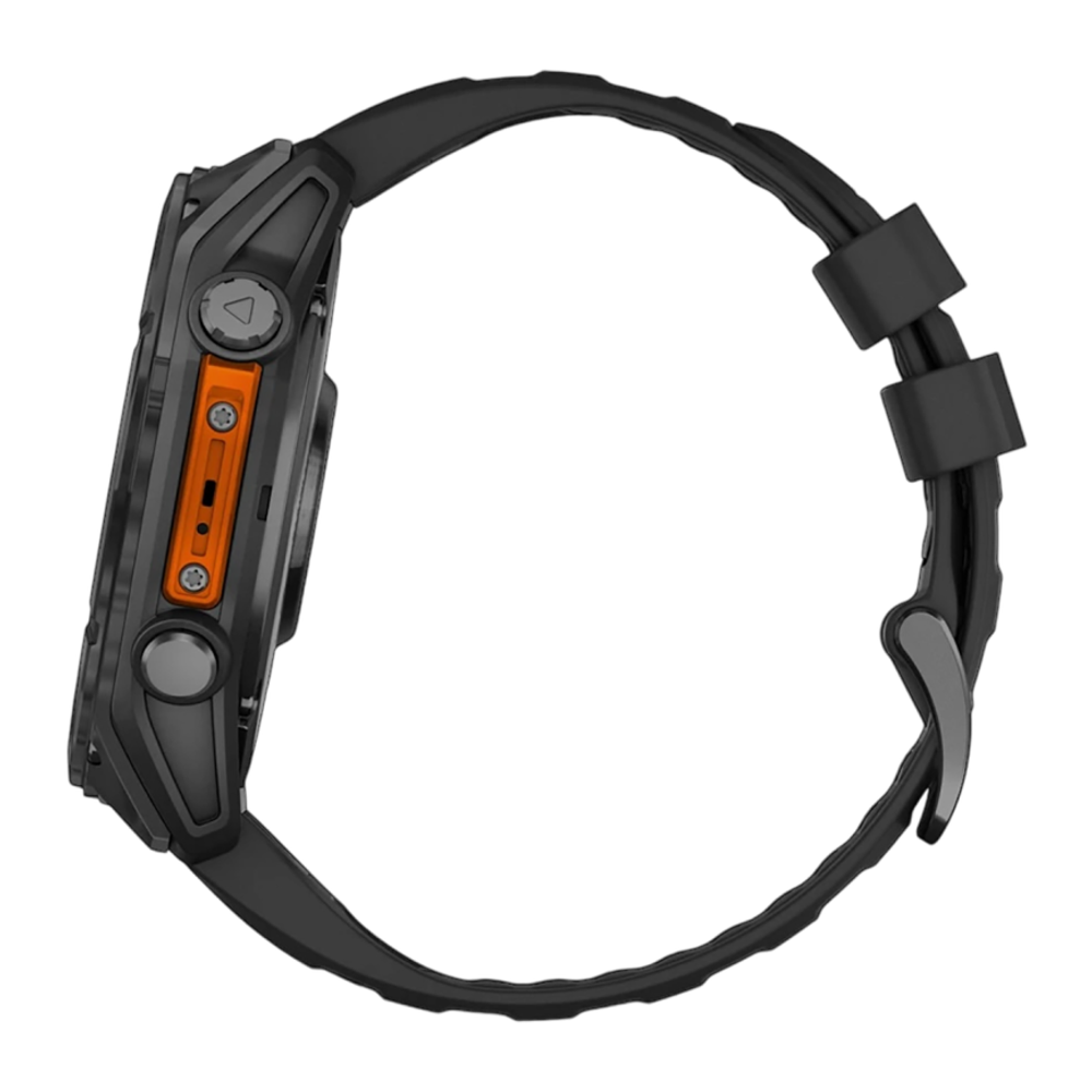 Спортивные часы Garmin fenix 8, 51 мм, AMOLED, сталь, чёрный силиконовый ремешок Сланцево-серый безель из нержавеющей стали, AMOLED-дисплей со стеклом Gorilla Glass. Ремешок с классической застёжкой — на запястье обхватом 127–210 мм