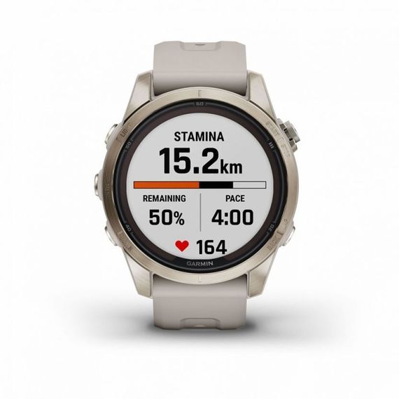 Garmin Fenix 7S Pro Sapphire Solar – золотистый корпус, светло-песочный ремешок