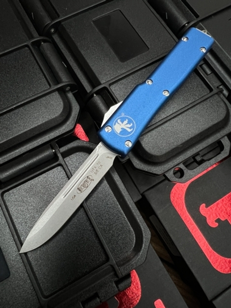 Нож Microtech UTX-70 A+++ Standard S/E BLUE - клин серый апокалиптик, рукоять синяя