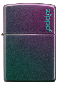 Фото бензиновая зажигалка  фиолетовая с зелёным Iridescent ZIPPO 49146ZL с логотипом в коробке