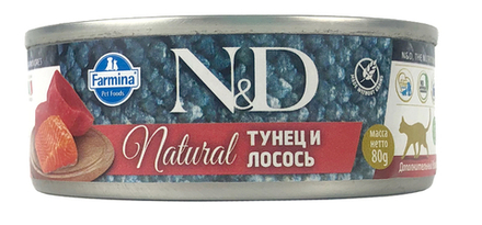 Консервы FARMINA N&D Natural для взрослых кошек, тунец и лосось, 80 гр