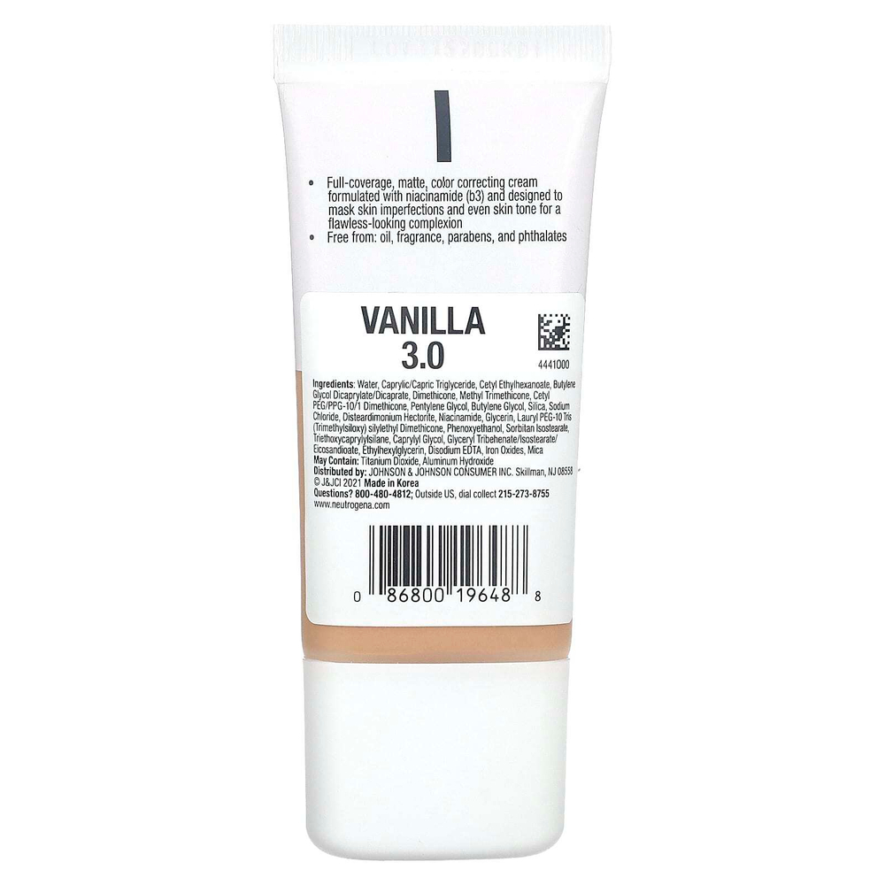 Neutrogena, Flawless Matte CC Cream, CC-крем, прозрачное покрытие, ваниль 3,0, 28 г (1 унция)