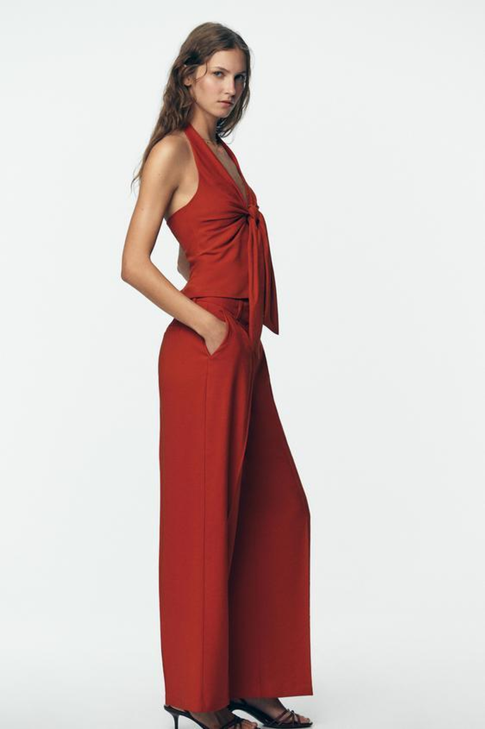 ZARA ШИРОКИЕ БРЮКИ С ЗАЩИПАМИ, ЧЕРЕПИЧНЫЙ