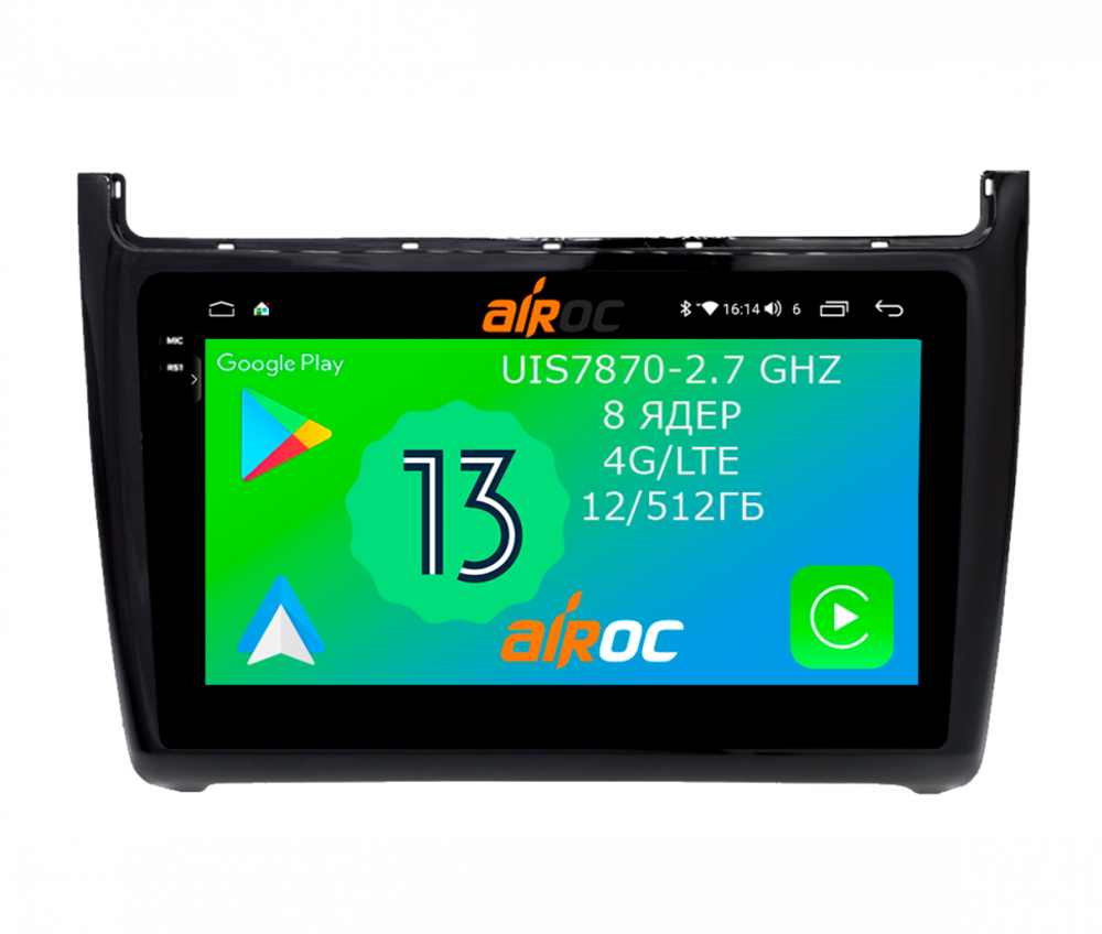 Магнитола для Volkswagen Polo 2009-2020 (черный) - Airoc 2K AU-3704 на Android 13, TS20, 12/512Гб, SIM-слот