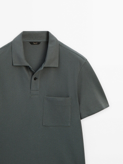 Massimo Dutti Поло из рельефного хлопка с карманом, водянисто-зеленый