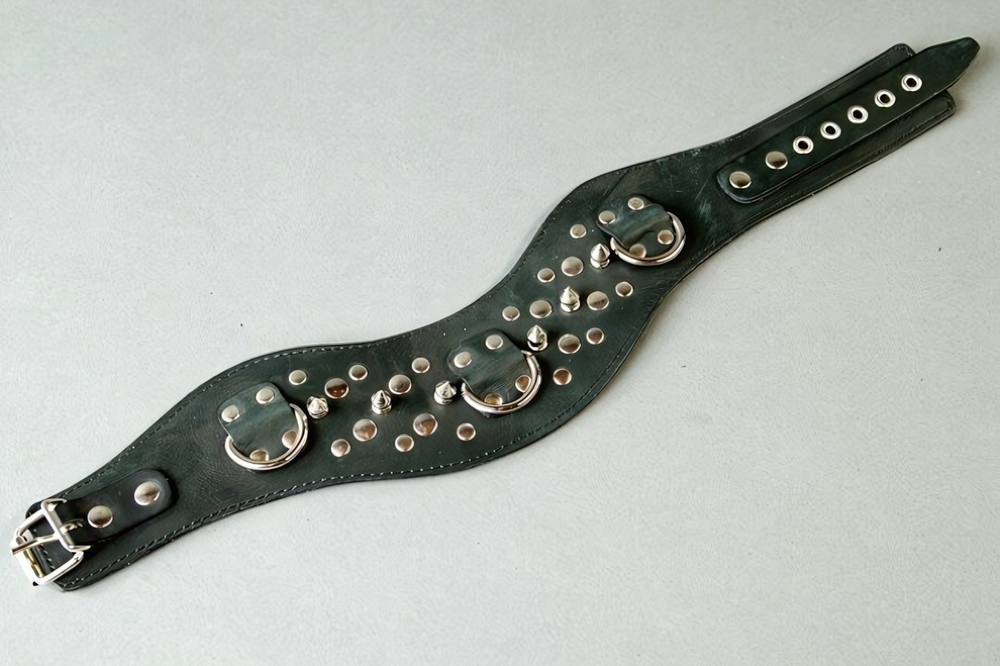 Ошейник фигурный декорированный шипами из натуральной кожи черный (Цвет: черный)