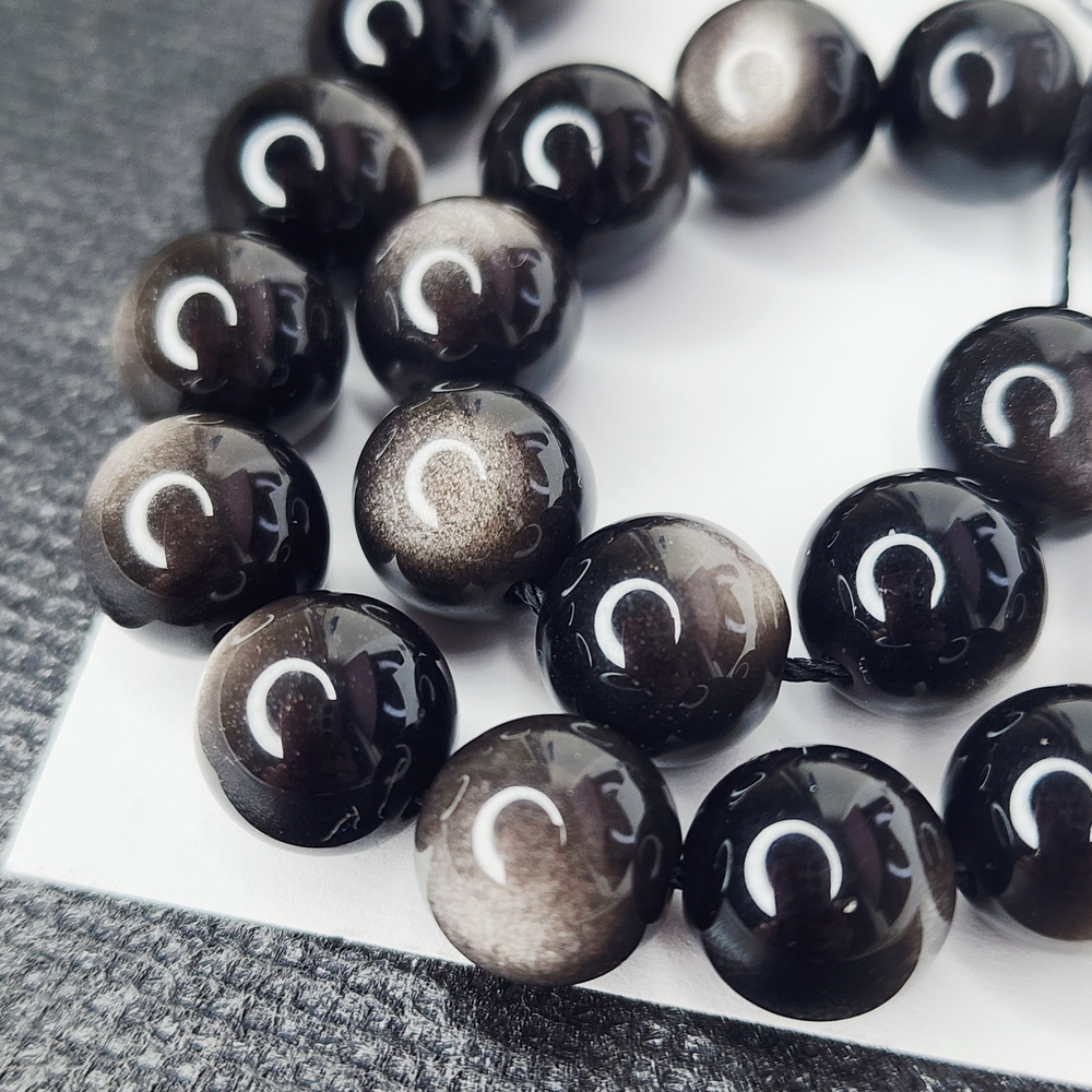 Обсидиан серебро, бусины высокое качество и полировка, р-р 10.2 - 10.3мм, штучно