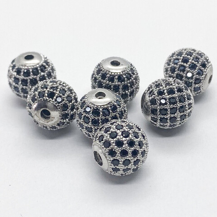 Бусина Milano LUX, цвет серебро (родий), черные фианиты, диаметр 10 мм, цена за 1 шт