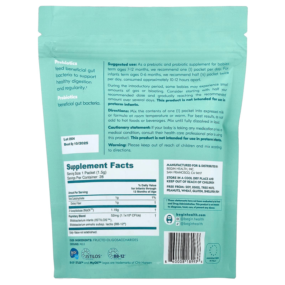 Begin Health, пребиотики и пробиотики для детей от 0 до 12 месяцев, без ароматизаторов, 28 пакетиков по 1,5 г (0,05 унции)
