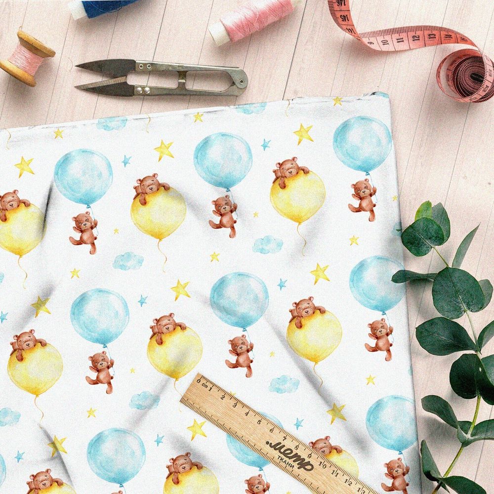 Ткань кулирная гладь мишки на воздушных шарах