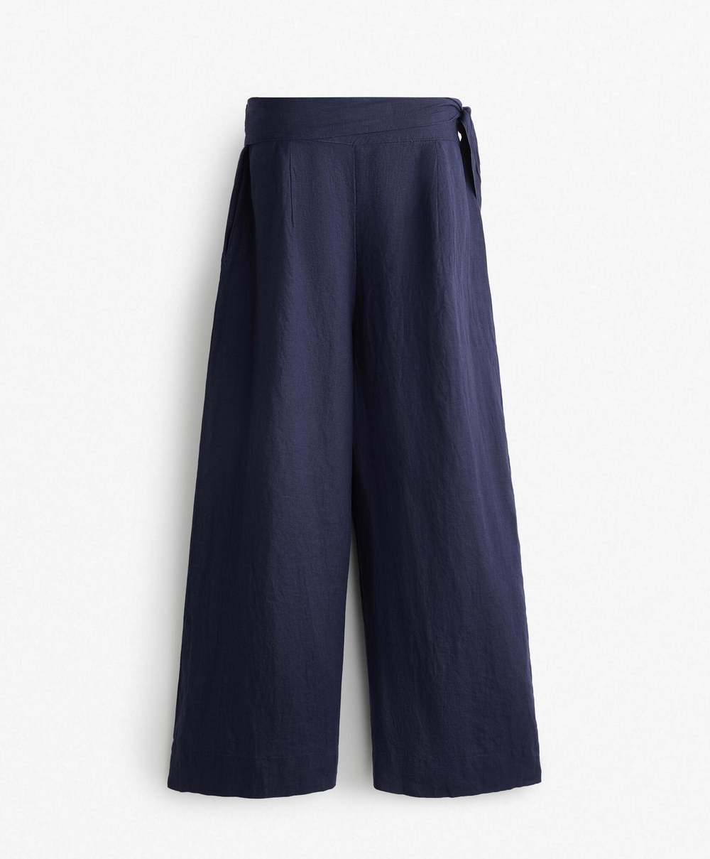 OYSHO Брюки широкие с завязками из 100% льна, темно-синий