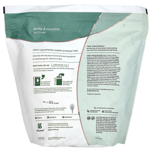 Grab Green, Средство для стирки в порционных пакетах 3 в 1, Vetiver, 132 загрузки, 5 фунтов 4 унции (2376 г)