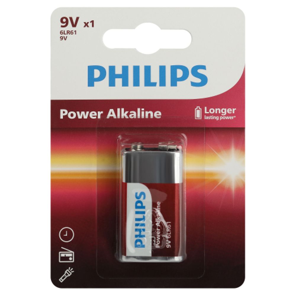 Батарейка Philips 6LR61P1B/51 крона алкалиновая 9V 1 шт. 6LR61/9V-1BL Power (1/12/24/6240) | Philips