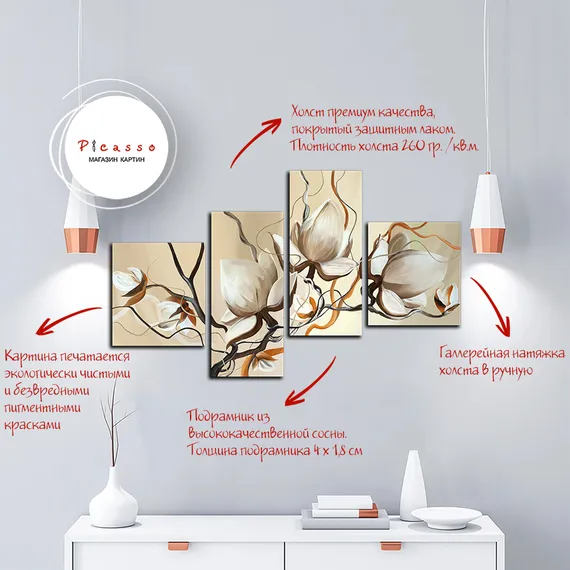 Модульная картина "Кремовые цветы"