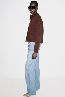 ZARA КАРДИГАН С ВОРОТНИКОМ-СТОЙКОЙ, КОРИЧНЕВЫЙ