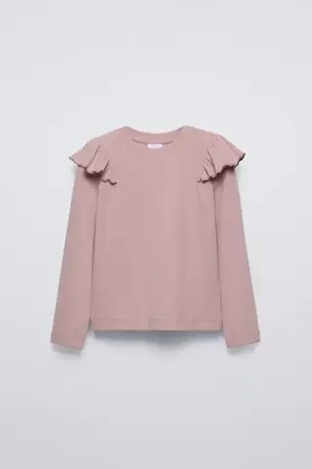 ZARA ФУТБОЛКА В РУБЧИК С ВОЛАНОМ, РОЗОВЫЙ