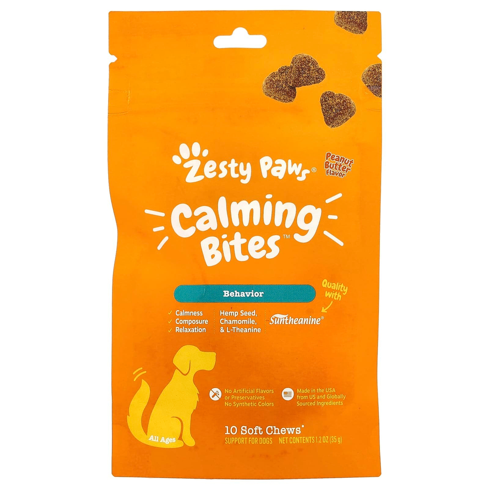 Zesty Paws, Calming Bites ™, для собак, для всех возрастов, арахисовая паста, 10 жевательных таблеток, 35 г (1,2 унции)