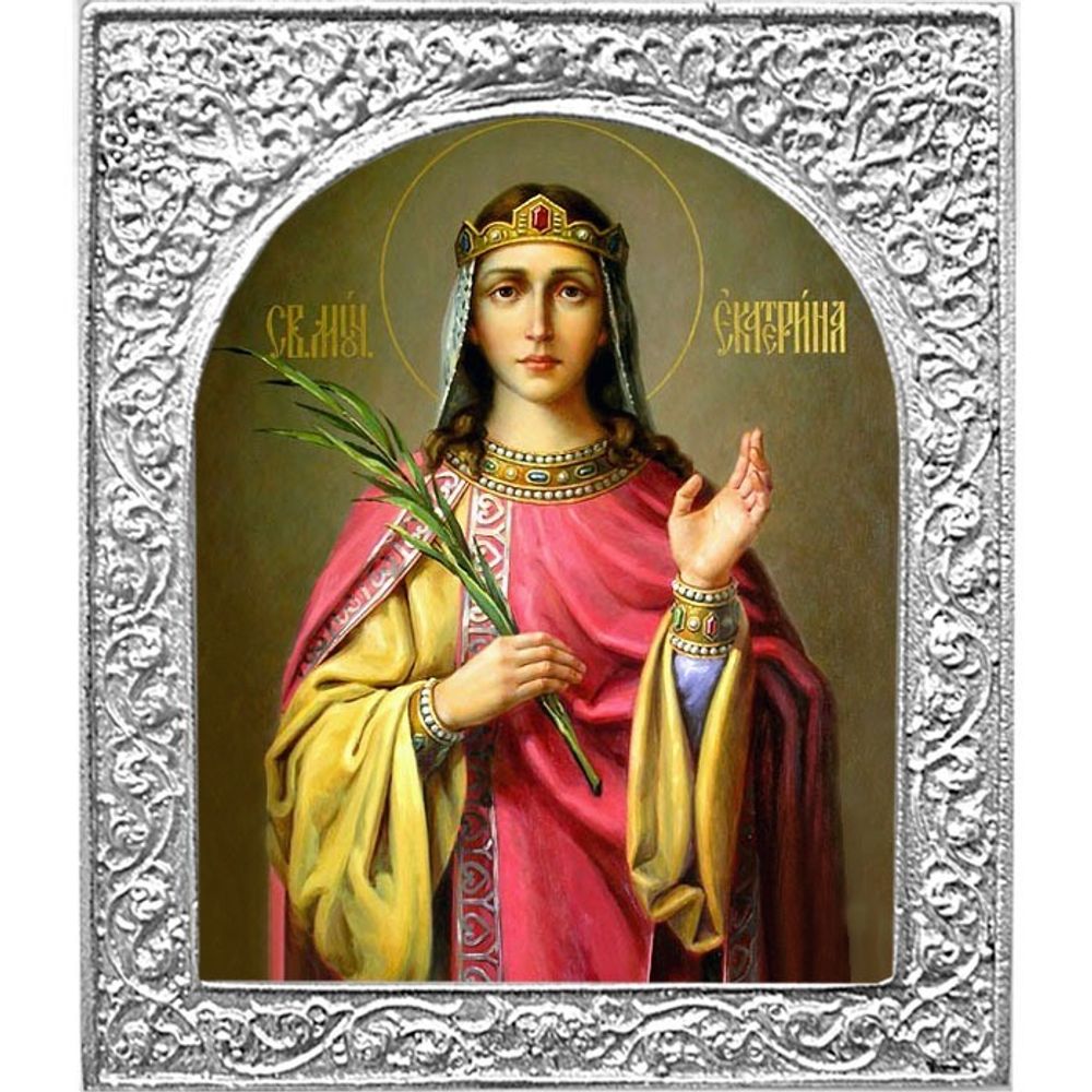 Святая Екатерина. Маленькая икона в серебряной раме. 4,5 х 5,5 см.