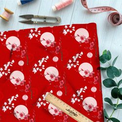 Ткань шифон цветущая сакура на фоне полной луны и красного неба