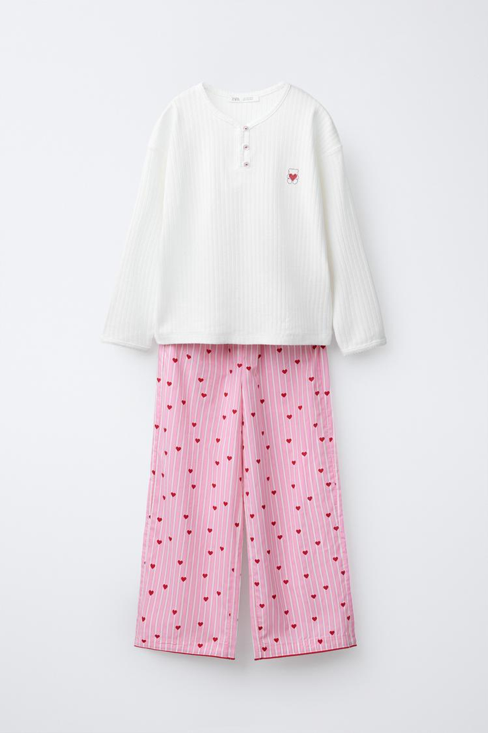 ZARA КОМБИНИРОВАННАЯ ПИЖАМА В ПОЛОСКУ С СЕРДЦАМИ, ЭКРЮ