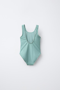 ZARA КУПАЛЬНИК С ВЫШИВКОЙ «КЛУБНИКА», ЗЕЛЕНОВАТО-СИНИЙ