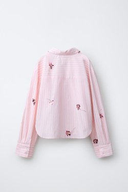 ZARA РУБАШКА И ТОП В ПОЛОСКУ С ЦВЕТАМИ И ПАЙЕТКАМИ, ПАСТЕЛЬНО-РОЗОВЫЙ