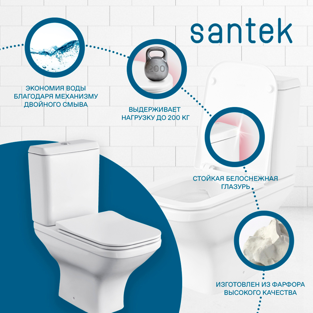 Унитаз-компакт Santek Лайн с горизонтальным выпуском, стандарт- 2 реж., дюропласт, безободковый, микролифт, тонкое 1WH501573