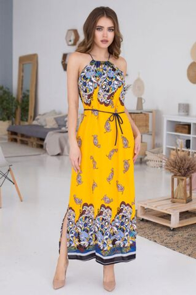 Длинное приталенное платье с разрезами по бокам (Размер: S) (Цвет: желтый)