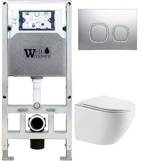 Унитаз подвесной WeltWasser AMBERG 506 ST+MERZBACH 043 XL GL-WT+AMBERG RD-CR белый/кнопка хром, безободковый, с крышкой микролифт, с инсталляцией, слив торнадо