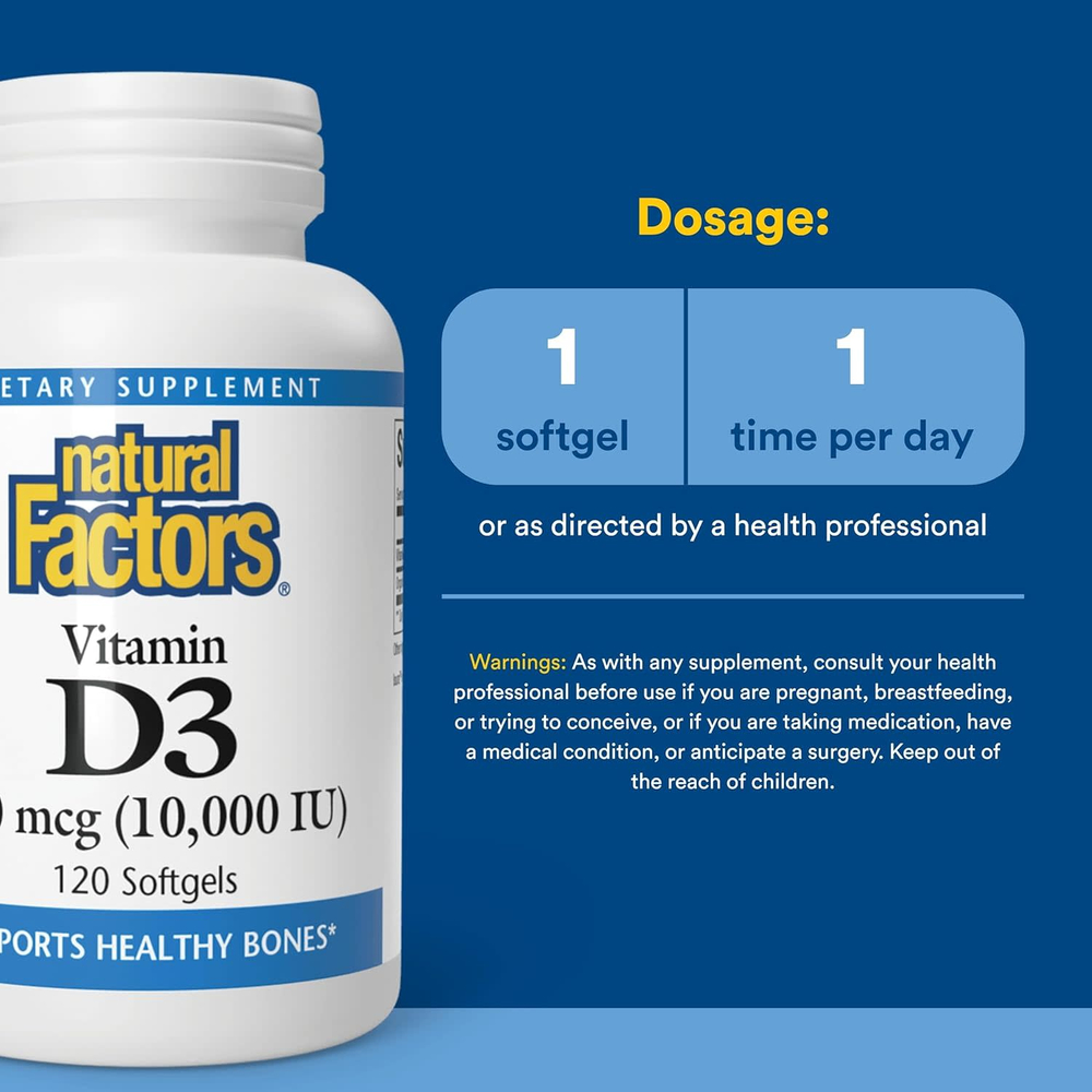 Natural Factors, витамин D3, 250 мкг (10 000 МЕ), 120 мягких таблеток