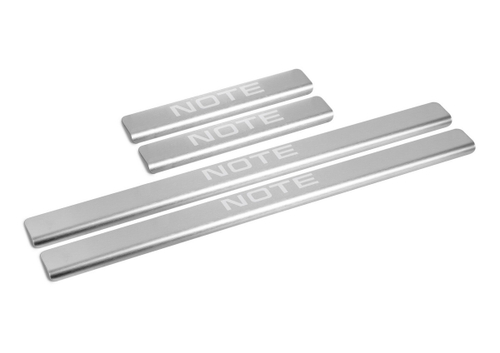 Накладки на пороги AutoMax для Nissan Note II поколение 2012-2020., нерж. сталь, с надписью, 4 шт., AMNINOT01