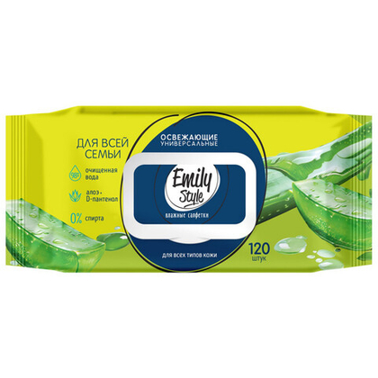 Emily Style влажные салфетки УНИВЕРСАЛЬНЫЕ для всей семьи алоэ с крышкой 120 шт. (14шт/кор.)