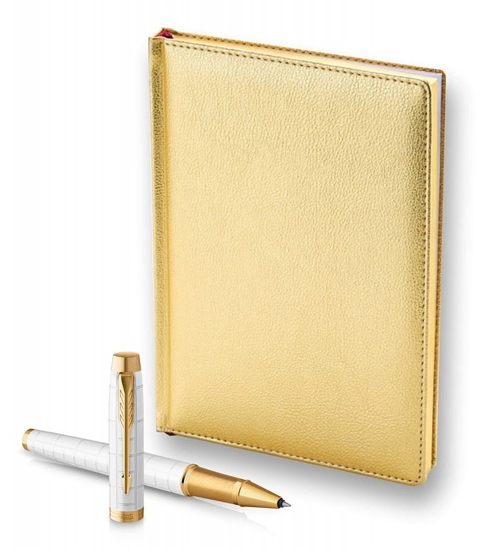 Подарочный набор: Ручка роллер Parker IM Premium T318 Pearl GT, цвет чернил черный и золотистый ежедневник с золотым срезом