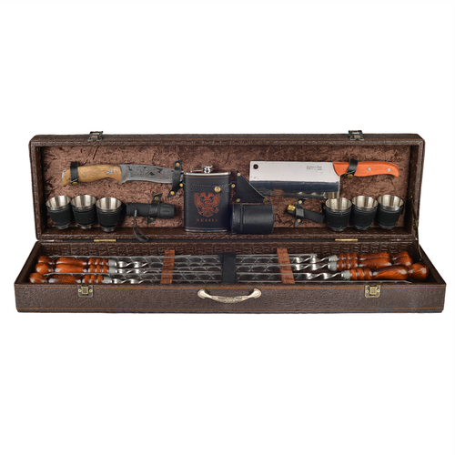 Набор шампуров Элит Большой в коробе кожзам 6 шампуров, с фонариком