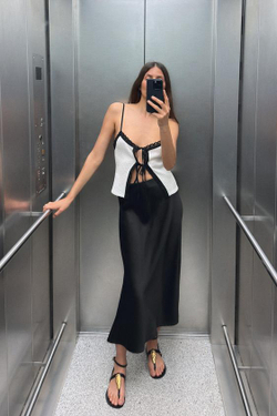 ZARA АТЛАСНАЯ ЮБКА МИДИ, ЧЕРНЫЙ