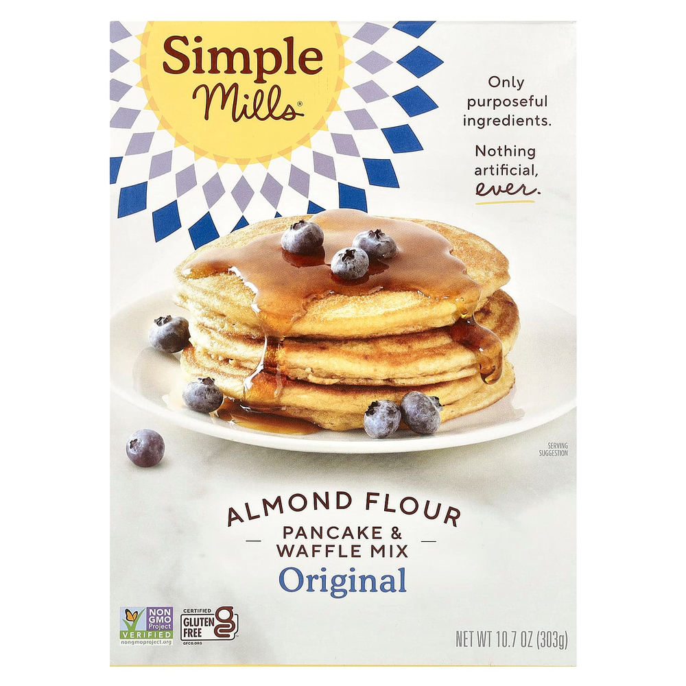 Simple Mills, смесь с миндальной мукой для приготовления панкейков и вафель, оригинальная, 303 г (10,7 унции)